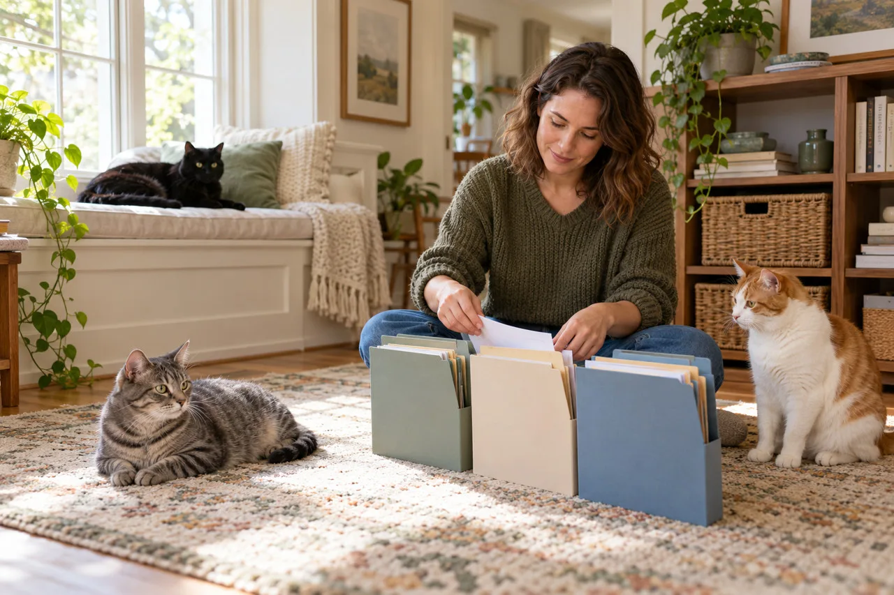 Owner organizing folders with three cats nearby at home