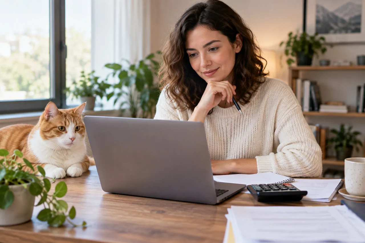 Owner looking at a laptop with a cat nearby